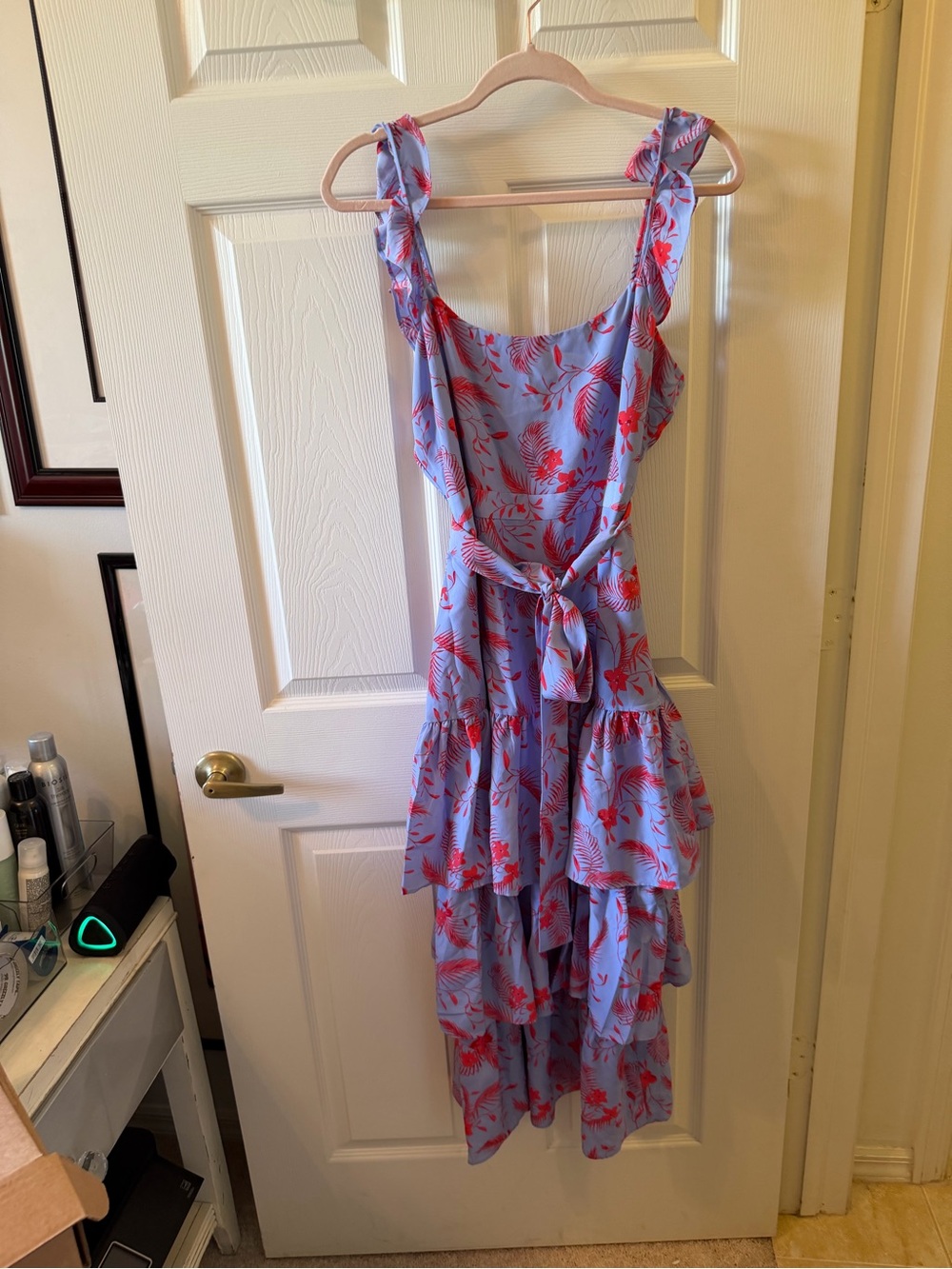 Likely Light Blue High-Low Dress with Coral Floral Print